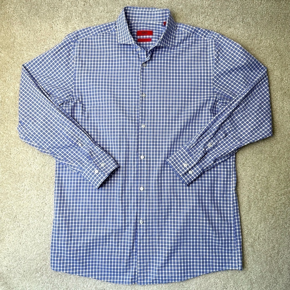 Hugo Boss Men’s Sharp Fit Long Sleeve Button Up Shirt Lilac Plaid Cotton Large